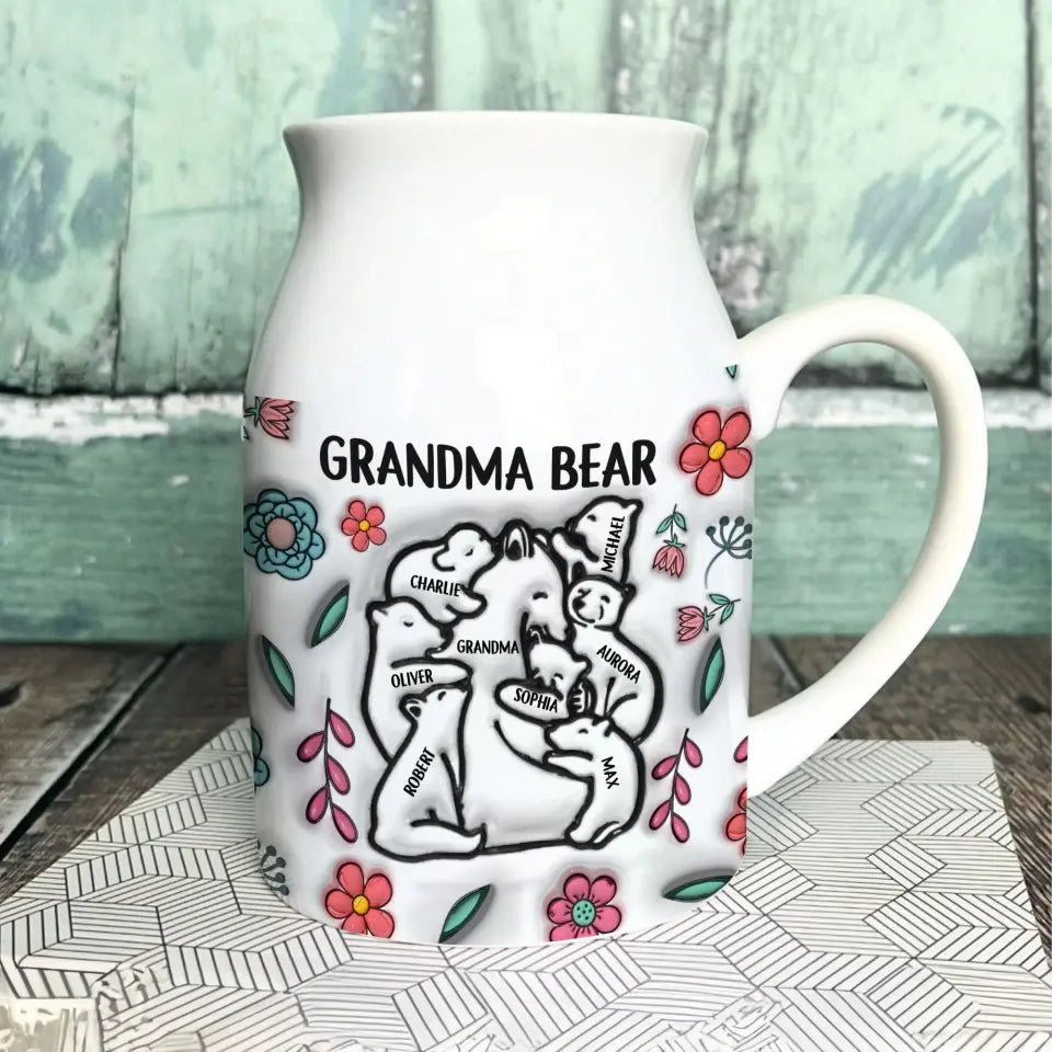 Family - Grandma Mama Bear Floral Style - Personalized 3D Inflated Effect Printed Flower Vase