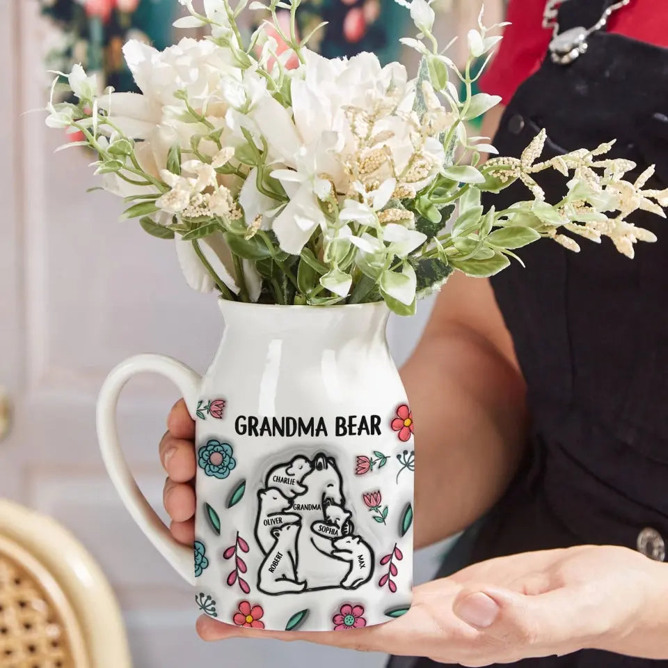 Family - Grandma Mama Bear Floral Style - Personalized 3D Inflated Effect Printed Flower Vase