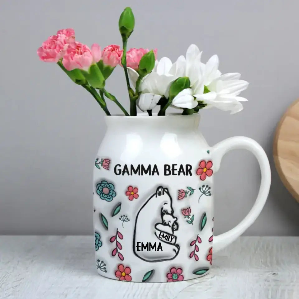 Family - Grandma Mama Bear Floral Style - Personalized 3D Inflated Effect Printed Flower Vase